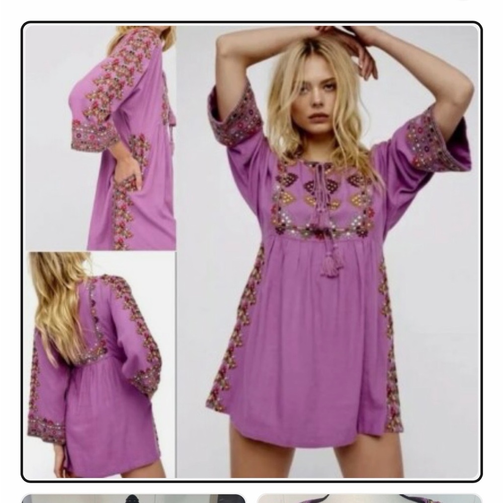 FREE PEOPLE Boho Purple Linen Multicolored Embroidered Tunic Mini Dress